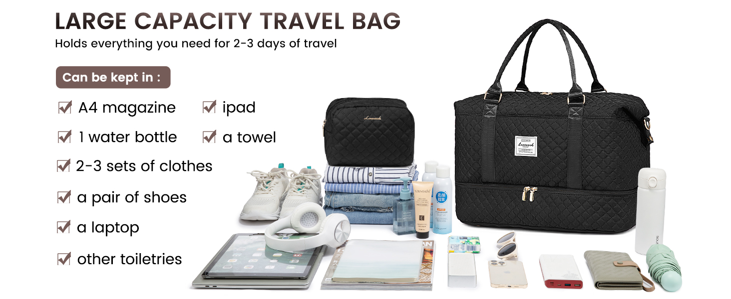 Спортивна сумка LOVEVOOK для жінок з відділенням для взуття та мокрих речей, велика дорожня сумка-вояджер, комплект з косметичкою, водонепроникна, ручна поклажа для літака, спортзал, чорна (M-2pcs)