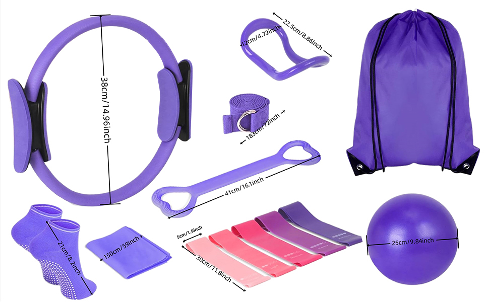Набір для пілатесу та йоги, 13 предметів: кільце, м'яч, ремінь, кільце-еспандер, ремінь-помічник, набір для пілатесу, фіолетовий