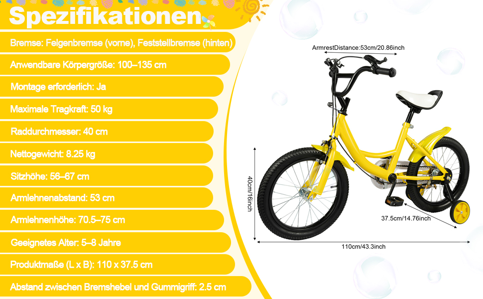 Дитяче велосипед 16 дюймів для хлопчиків та дівчаток, з регульованою висотою та знімними бічними колесами, для дітей 5-8 років (жовтий)