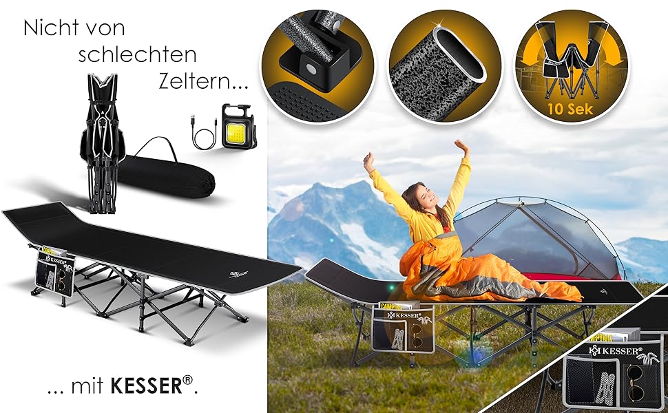 Кемпінг ліжко KESSER® розкладне, металеве, чорне, 210 см, з сумкою та ліхтарем