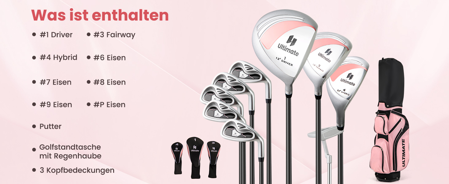 Комплект жіночих гольф-клуів COSTWAY, 9-ти частинний, для правшів з чохлом від дощу, включає драйвер, фейрвей, гібрид, залізи та паттер (чорний)