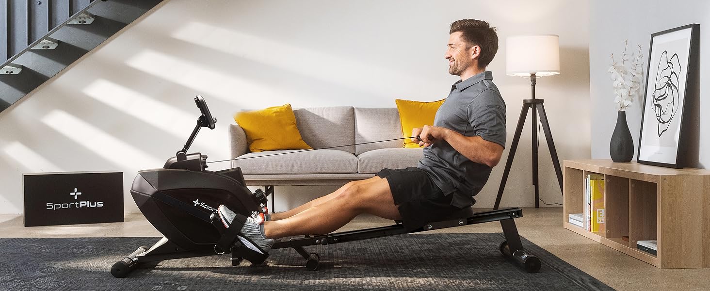 Гребний тренажер SportPlus для дому, складаний, з тихою магнітною системою гальмування, комп'ютером для тренувань, для дому, фітнес-обладнання, сумісний з додатками (Smart)