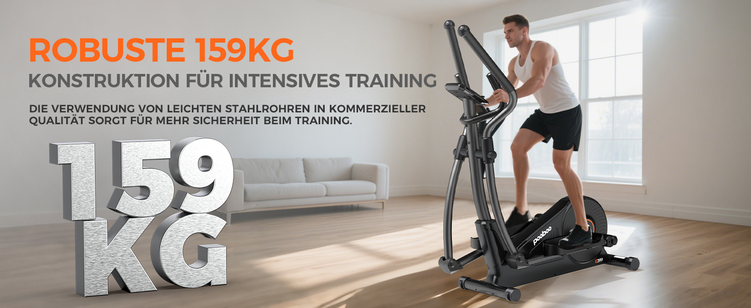 Еліптичний тренажер Pooboo 07-Basic Black з магнітною системою, LCD-монітором та кроком 15,5 дюймів. Витримує вагу до 158 кг, 16 рівнів навантаження.