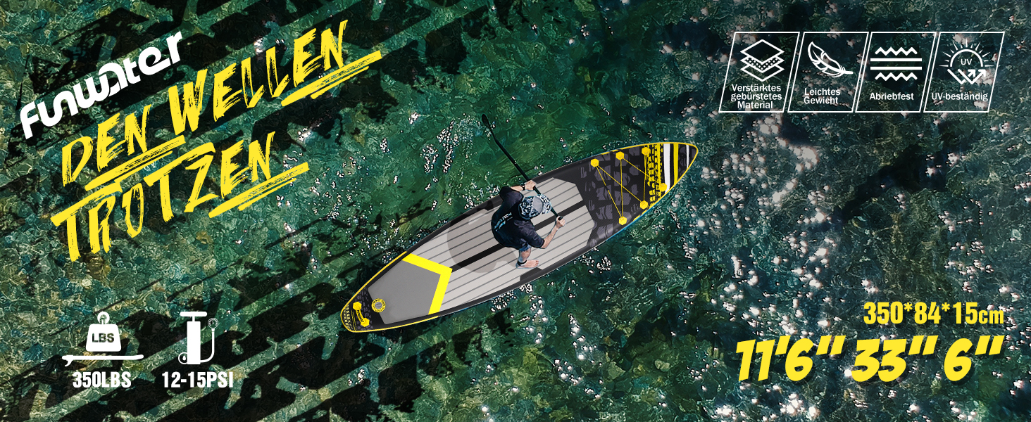 Надувна SUP-дошка FunWater для дорослих з веслом, ручним насосом, нековзким EVA-покриттям та страховочним шнуром