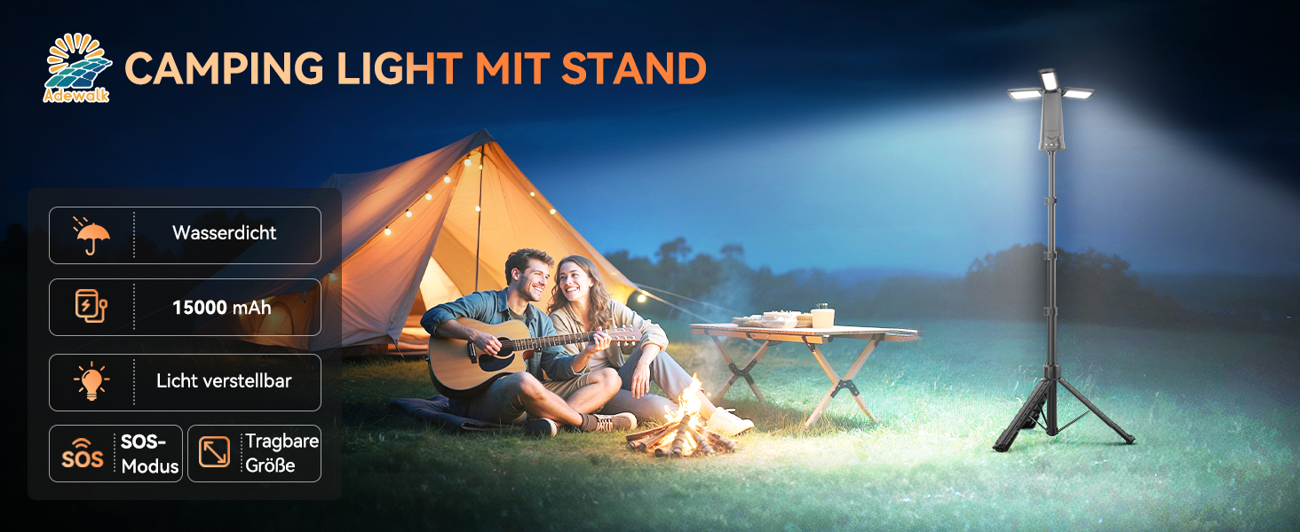 Портативна LED кемпінгова лампа на акумуляторі 15000mAh з телескопічним штативом, 5500LM, IP65, вологостійка, для кемпінгу, подорожей, будівництва та надзвичайних ситуацій (чорна)