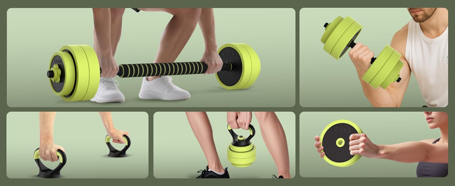 PASYOU Набір гантелей регульовані 20 кг 4 в 1: гантелі, гиря, гантелі з'єднувачем, штанга для домашніх тренувань (зелений)