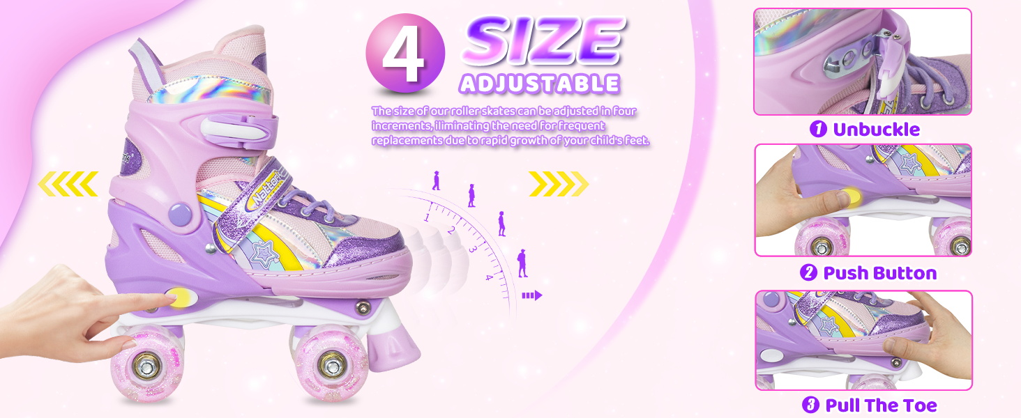 Дитячі ролики Nattork для дівчаток, 4-разове регулювання, райдужні кольори, розмір 32-36 EU (205-230 мм), фіолетовий