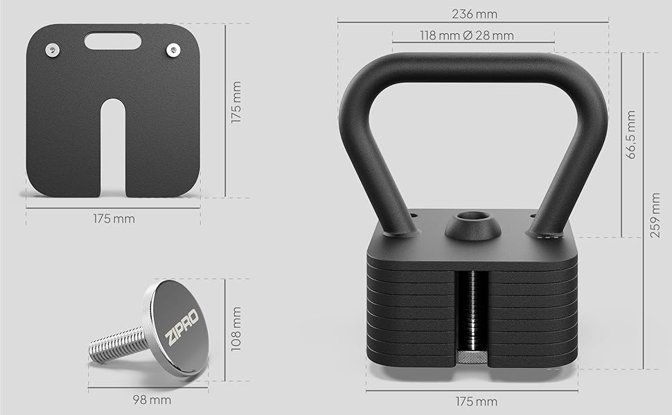 ZIPRO Kettlebell SQUARE: регульована гиря до 19 кг для силових тренувань та фітнесу вдома