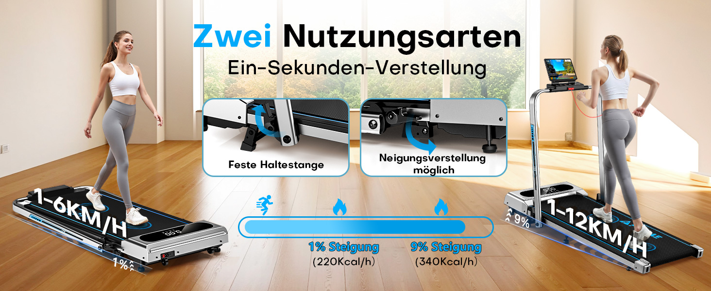 Біговий тренажер для дому 5-в-1, складаний, з регулюванням нахилу до 9%, потужність 2.75HP, LED-дисплей, сумісність з додатком, 12 програм, срібно-блакитний, 12 км/год