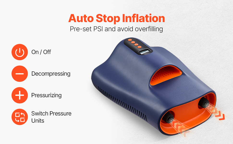 Електрична SUP-насос VEVOR з USB-виходом, 22 PSI, з LED-підсвічуванням та автоматичним вимкненням. Ідеально для надувних SUP-дошок, наметів та інших надувних виробів.