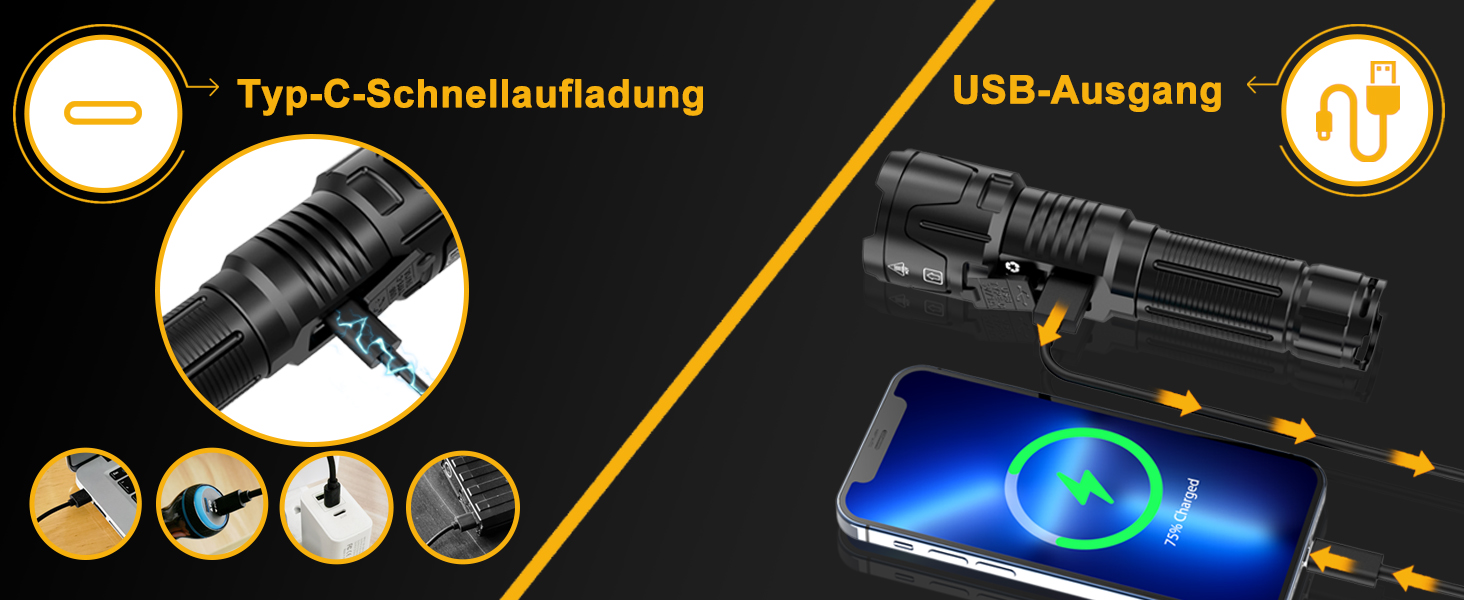 Ліхтарик LED BEYSTE, 500000 Люмен, Тактичний, Зарядний USB-C, Для кемпінгу та надзвичайних ситуацій