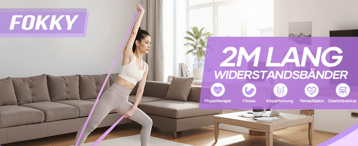 Набір фітнес-гумок Fokky Fitnessbänder 4 шт., 2 м, 4 рівні опору, для м'язів, йоги, пілатесу (жовтий, зелений, червоний, синій, фіолетовий)