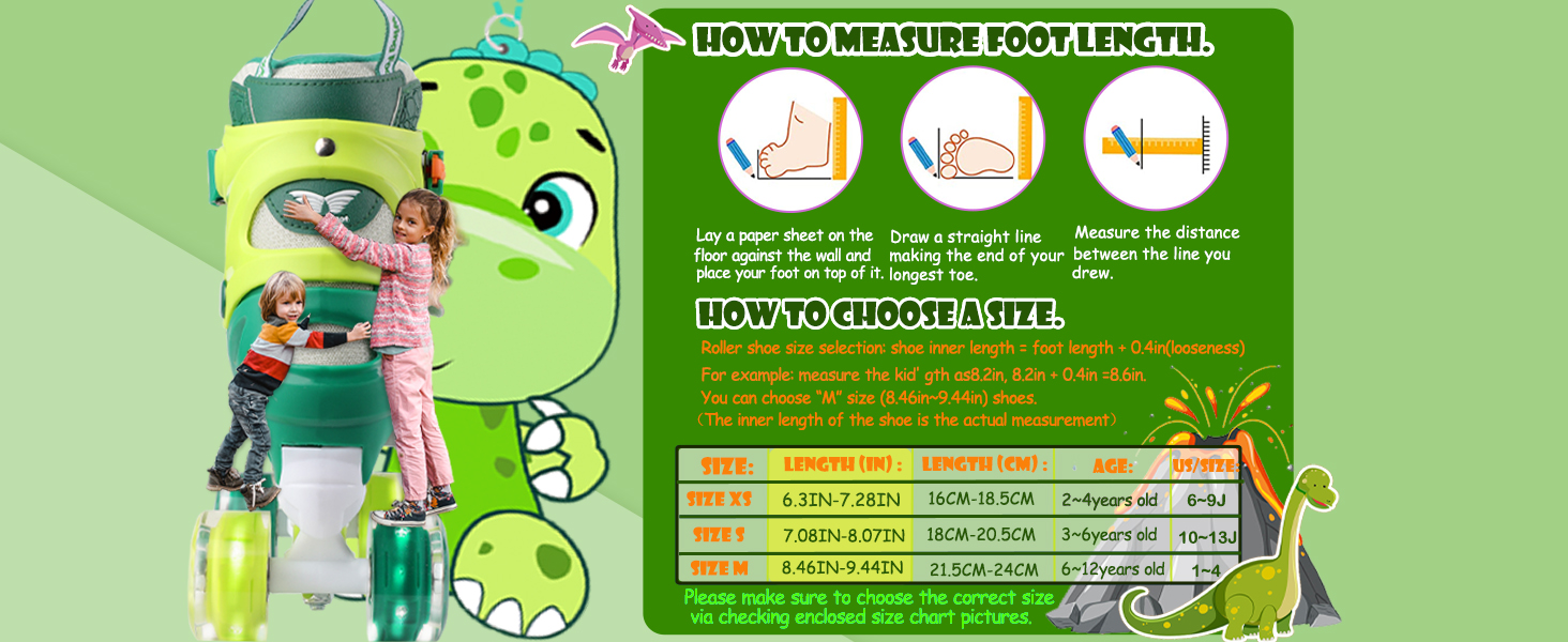 Ролики дитячі Kinder Dinosaurier з підсвічуванням, розмір регулюється, зелені