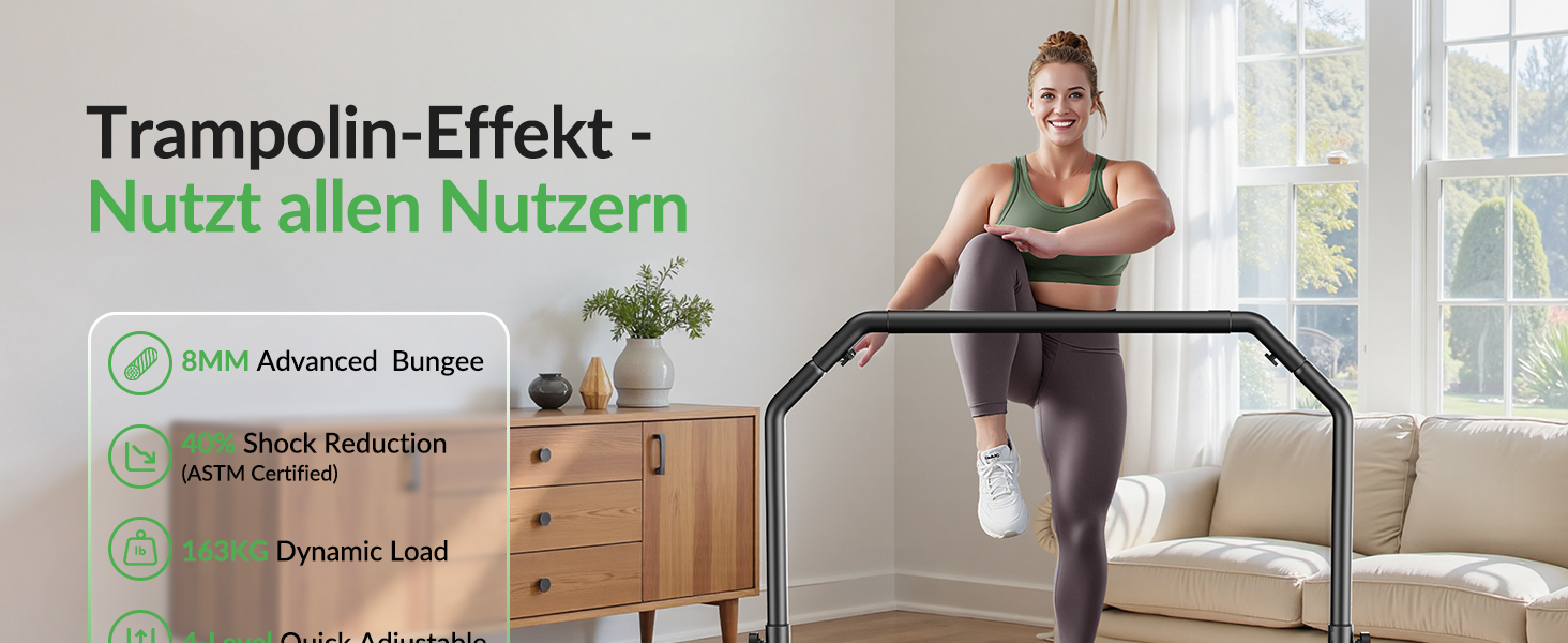 Міні-батут BCAN для дорослих, 102/122 см, до 204/250 кг, з еластичними тросами, регульованою ручкою, стабільний, тихий, для дому та вулиці, тренування всього тіла, розслаблення вдома - Зелений (102 см)