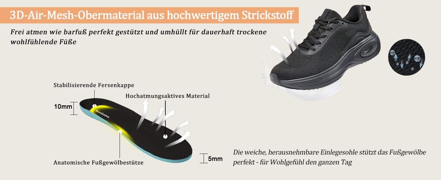 Жіночі кросівки Wondamo: легкі, дихаючі, з амортизацією для бігу, ходьби, активного відпочинку та фітнесу. Розміри 37-42 EU, чорний колір