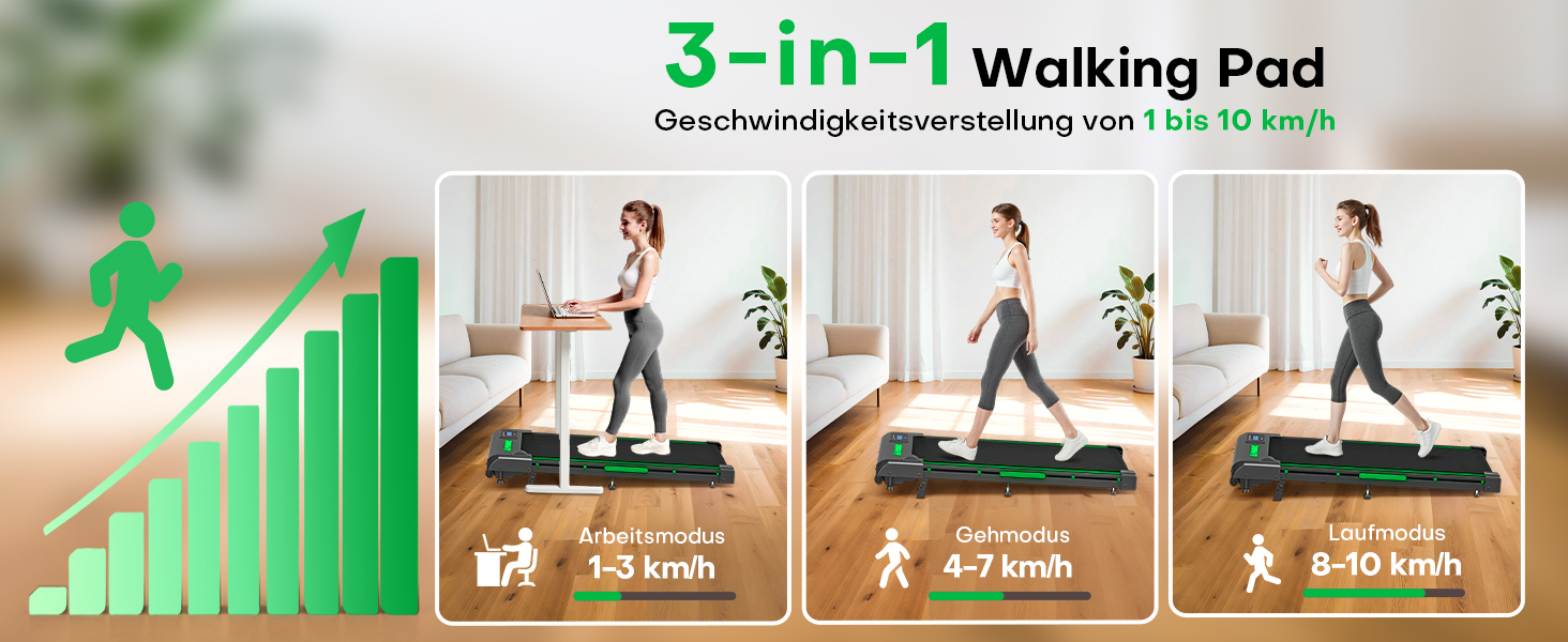 Walking Pad FOUSAE: Бігова доріжка для дому з регулюванням нахилу до 9%, LED-дисплеєм, пультом керування та мобільним додатком, 12 програм, до 150 кг, чорно-зелений