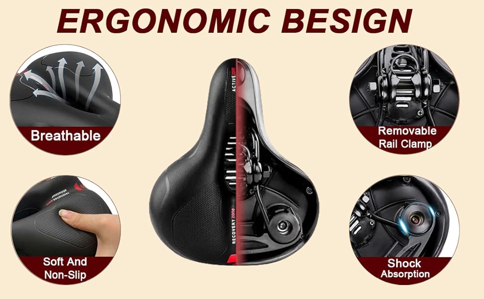 Зручний велосипедний сідло StreeHerjjkeA1 Cityradsättel з Memory Foam, водонепроникний, червоний світловідбиваючий елемент, для гібридних велосипедів, унісекс, чорний