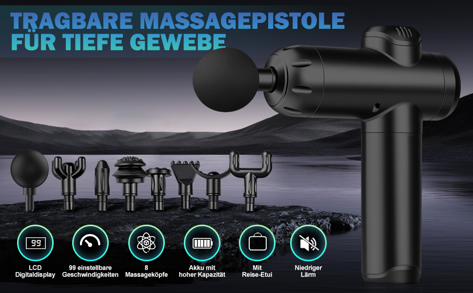 Масажер для м'язів, пістолет для перкусійної масажі, тихий електричний ручний масажер з LCD-екраном, 99 швидкостей, 8 насадок, подарунок для чоловіків/жінок, чорний