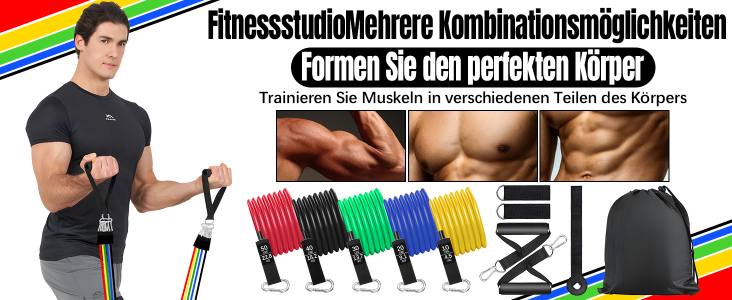 Фітнес-гумки Bindokun: набір з 5 еластичних стрічок для силових тренувань, фітнесу, пілатесу. З ручками, фіксаторами для ніг та дверей. Для жінок та чоловіків.