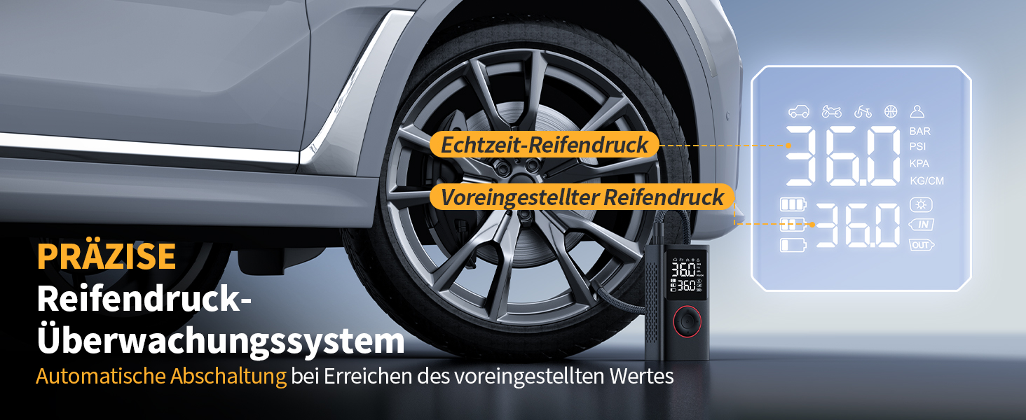 Бездротова електрична повітряна помпа Powools 150PSI з LED-ліхтариком та автостопом, акумуляторна помпа для велосипеда, електровелосипеда, авто, мотоцикла, м'ячів, чорна
