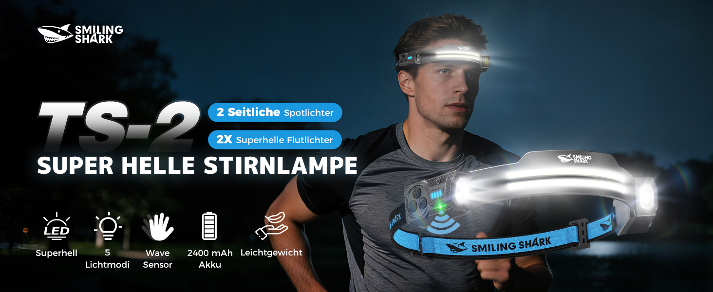 Налобний ліхтар Smiling Shark TS-2 LED, акумуляторний, 2400mAh, з регульованим подвійним променем, стробоскопом та датчиком руху. Ідеально для кемпінгу, бігу, піших прогулянок (2 шт.)