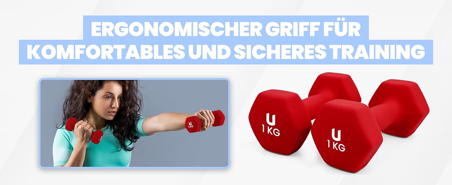 Гантелі неопренові Unycos 2 шт. 1-10 кг, шісткутні, антиковзаючі для фітнесу, силових тренувань, пілатесу та дому (#13 Червоний, 2 x 1 кг)