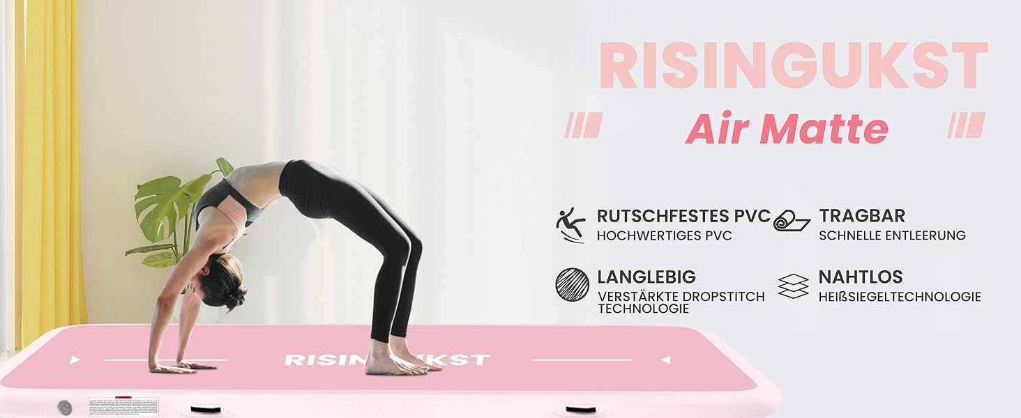 Надувна гімнастична матка Air Matte Track - 600x100x20 см (зелена та рожева) з повітряним насосом