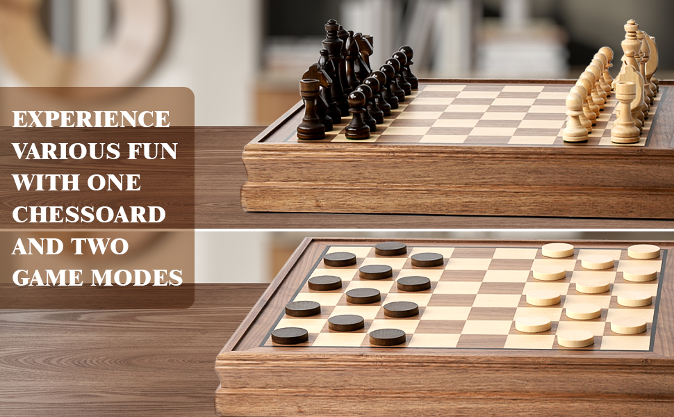 Магнітний шаховий та шашки з горіхового дерева – 2-в-1 набір, з ящиком для зберігання, 2 фігури для шашок, 24 шашкових фігури – дерев'яний шаховий набір для дітей та дорослих