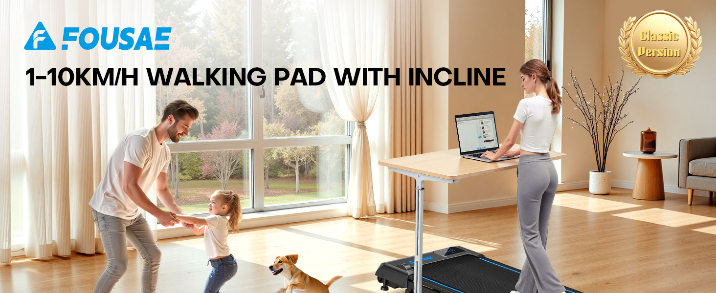 Walking Pad FOUSAE: Бігова доріжка для дому з регулюванням нахилу до 9%, потужність 2.5HP, LED-дисплей, керування з пульта та через додаток, подвійне амортизація, до 150 кг