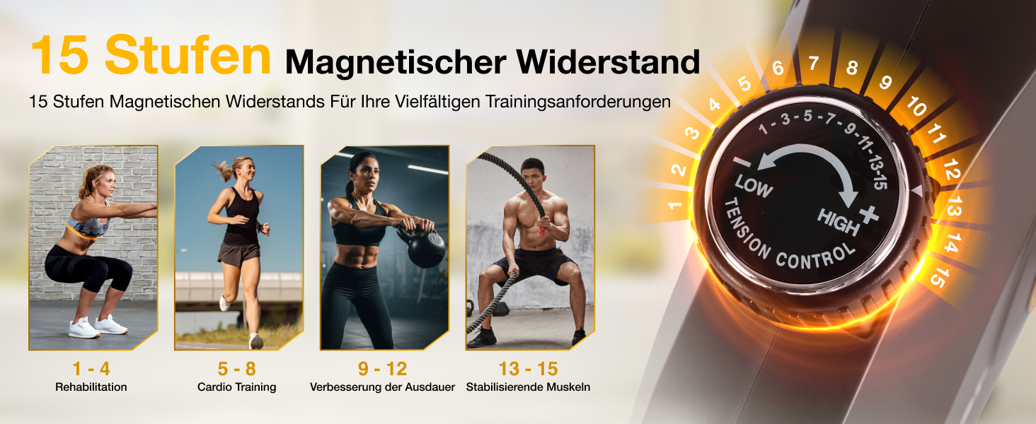 Ергометр для дому з магнітною гальмом, датчиками пульсу та LCD-дисплеєм, 15 рівнів опору, з підніжкою для спини, для людей похилого віку. Міцна конструкція, декілька налаштувань, колір горіх.