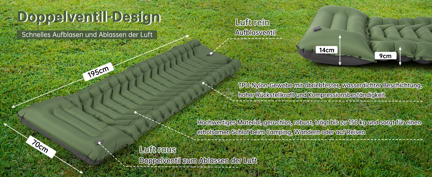 Килимок для кемпінгу Hausprofi Isomatte: ультралегкий надувний килимок з насосом та подушкою, для туризму, пляжу, відпочинку на природі, армійного кольору