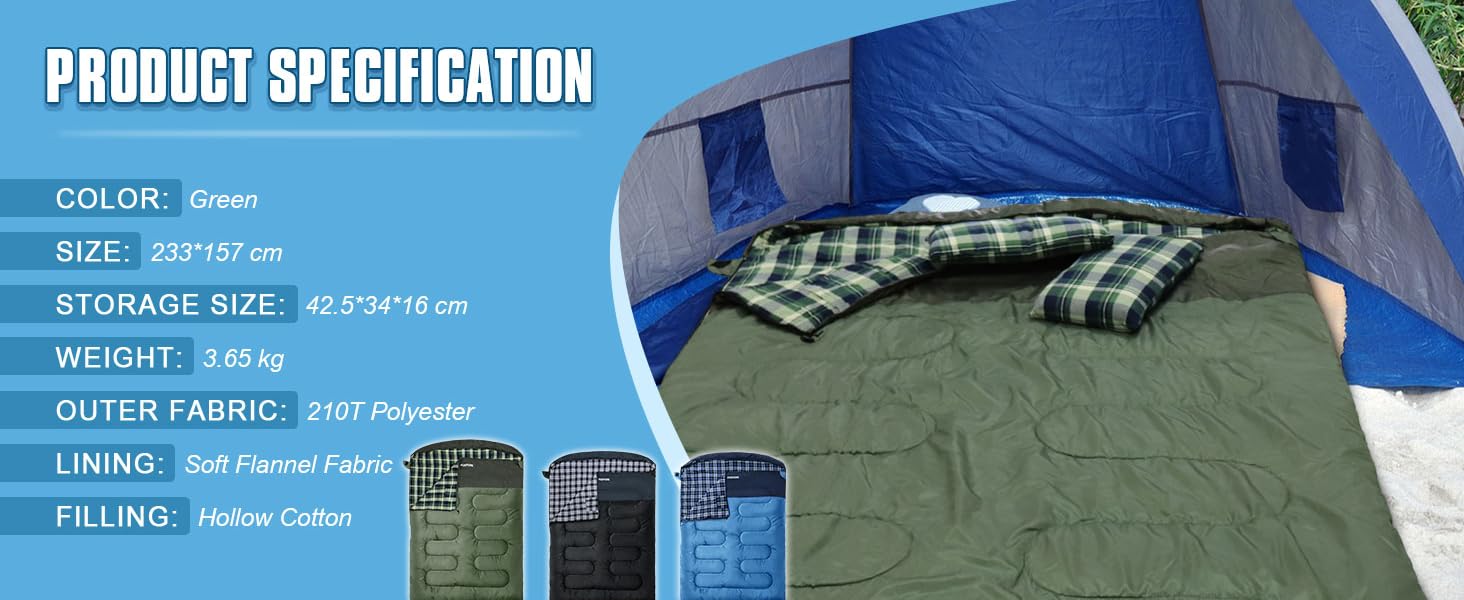 Спальний мішок для двох дорослих з флісу, зимовий, з подушками та сумкою для перенесення, 233*157 см, зелений