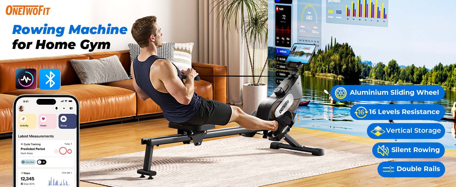 ONETWOFIT: Велоергометр для дому, складаний Pro, степер, тренажер, крос-тренажер, 16 рівнів опору, максимальне навантаження 160 кг, сумісний з додатком, чорний