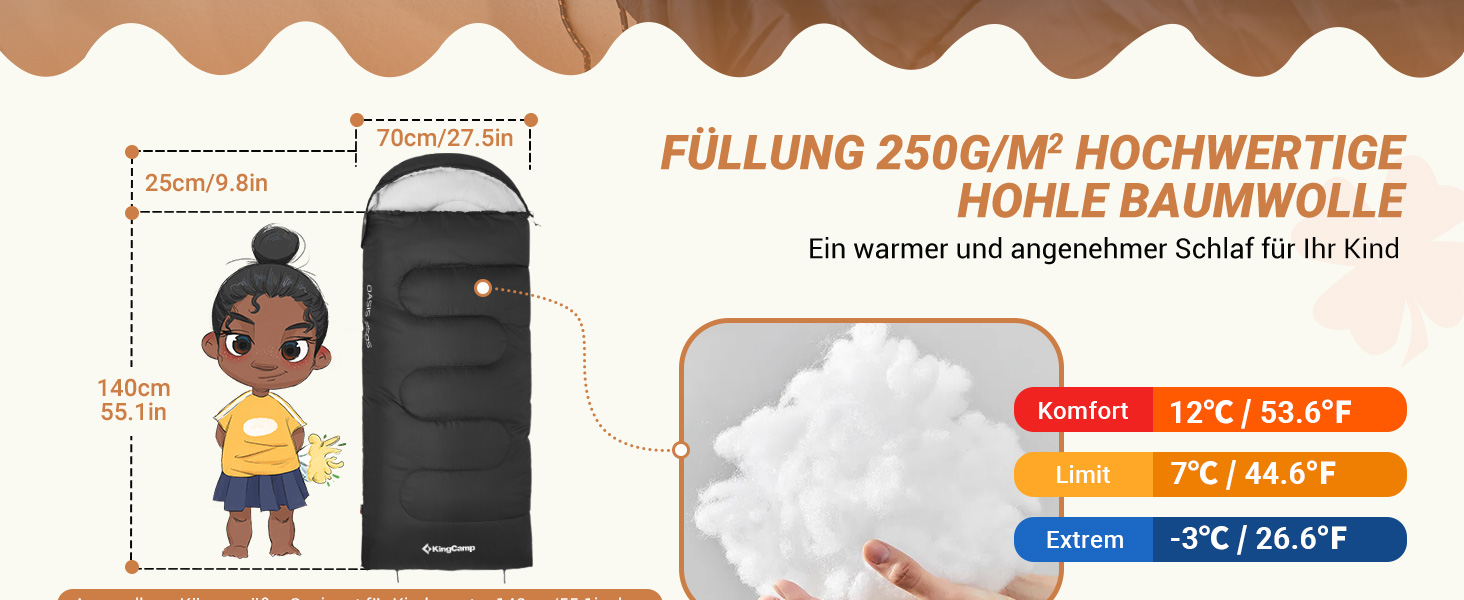 Дитячий спальний мішок KingCamp Rosa L для кемпінгу та піших прогулянок (3-4 сезони)