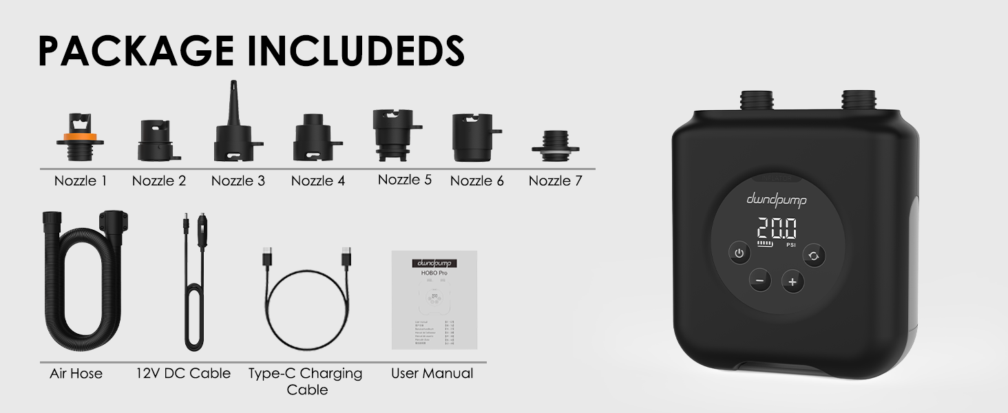 Електричний насос для SUP HOBO PRO, акумуляторний, 20PSI, 4000mAh, 12V, двоступеневий, для SUP, каяків, матраців, віндсерфінгу, йога-болів, сірий