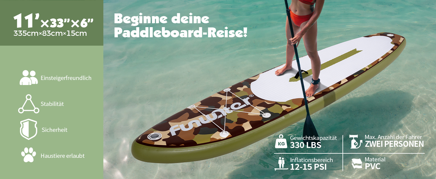 Надувний SUP-борд FunWater 11'10'6' з аксесуарами: весло, насос, сидіння. Кольори: ADLER-SCHWARZ&GRAU, CAMO-BRAUN