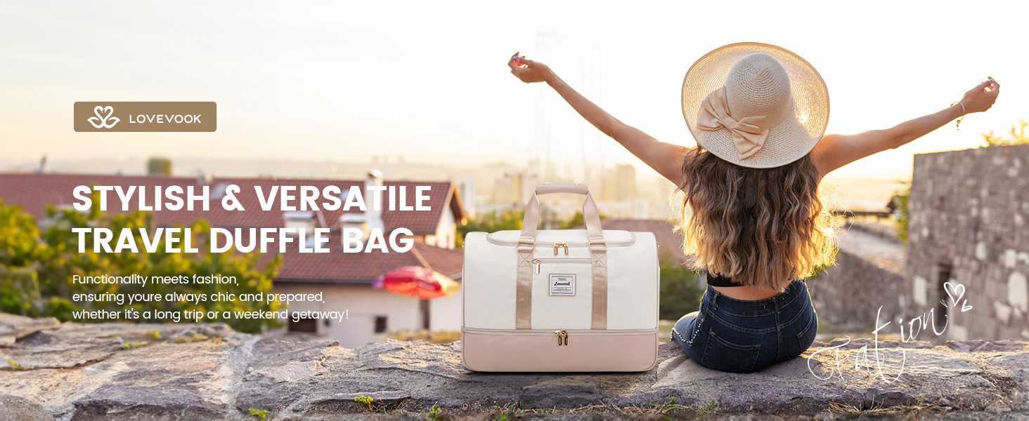 Сумка-валіза LOVEVOOK для жінок, 37L, для подорожей, вихідної подорожі, пологового будинку з косметичкою, відділенням для взуття та мокрих речей, водонепроникна спортивна сумка, Gym Yoga Bag, ручна поклажа для спорту, відпустки, літака, бежево-рожева