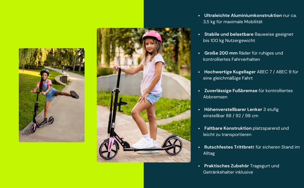 Самокат міський Bergen City Scooter Downtown, алюмінієвий, складаний, 3.3 кг, колеса 200 мм, регульована висота, для дітей від 6 років, підлітків та дорослих до 100 кг, чорний/рожевий
