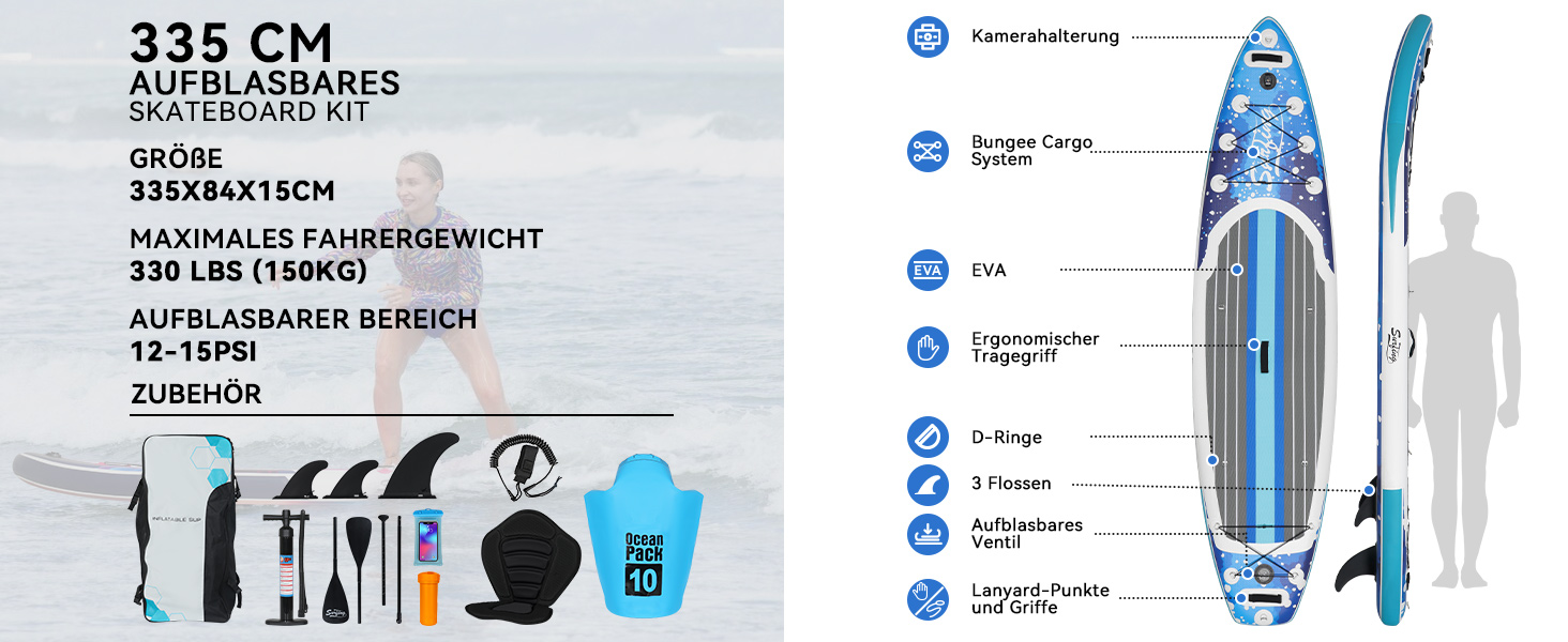 Надувна SUP-дошка ZealWe 320/335 см з веслом, сидінням, рюкзаком і насосом, для серфінгу та веслування стоячи, до 150 кг