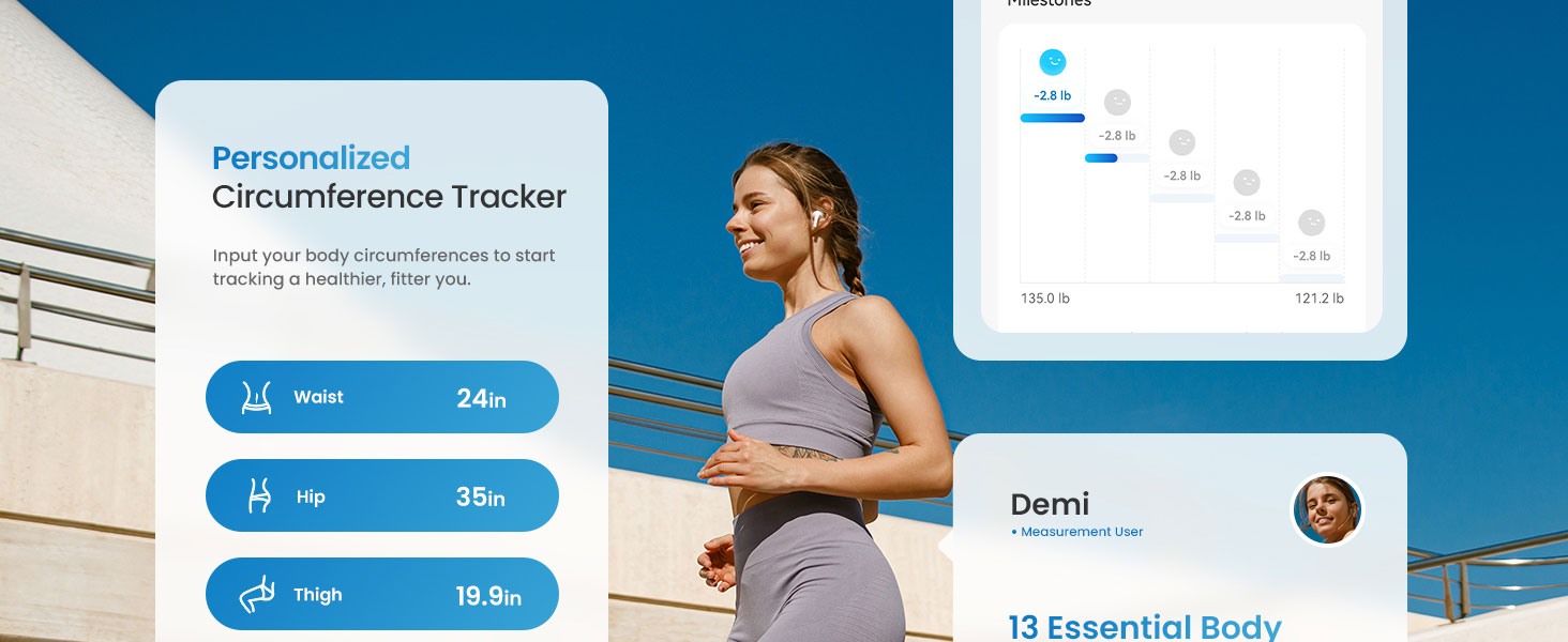 Вага Fitdays для тіла з аналізом складу, Bluetooth, 180 кг, аналіз жиру, BMI, м'язи, білок, BMR, блакитна