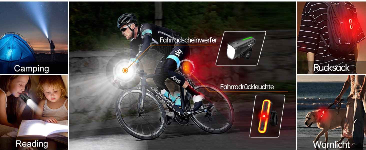 LED велосипедне освітлення: комплект 100 Lux, сертифікований StVZO, USB зарядка, водонепроникність IPX5, переднє та заднє світло з функцією гальмування