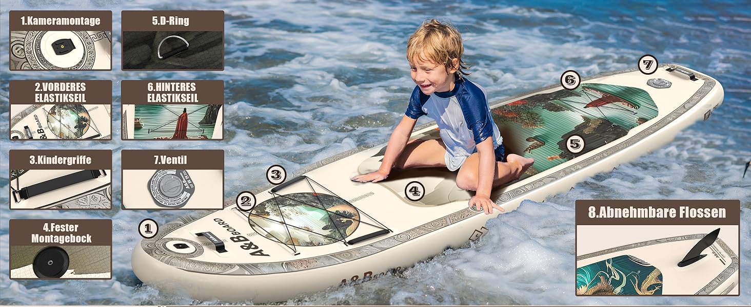 Надувний SUP-борд A&BBOARD з аксесуарами, 335х88 см, подвійна дія, рюкзак, стабільний дизайн, для юнаків та дорослих (Бежевий + Східний)