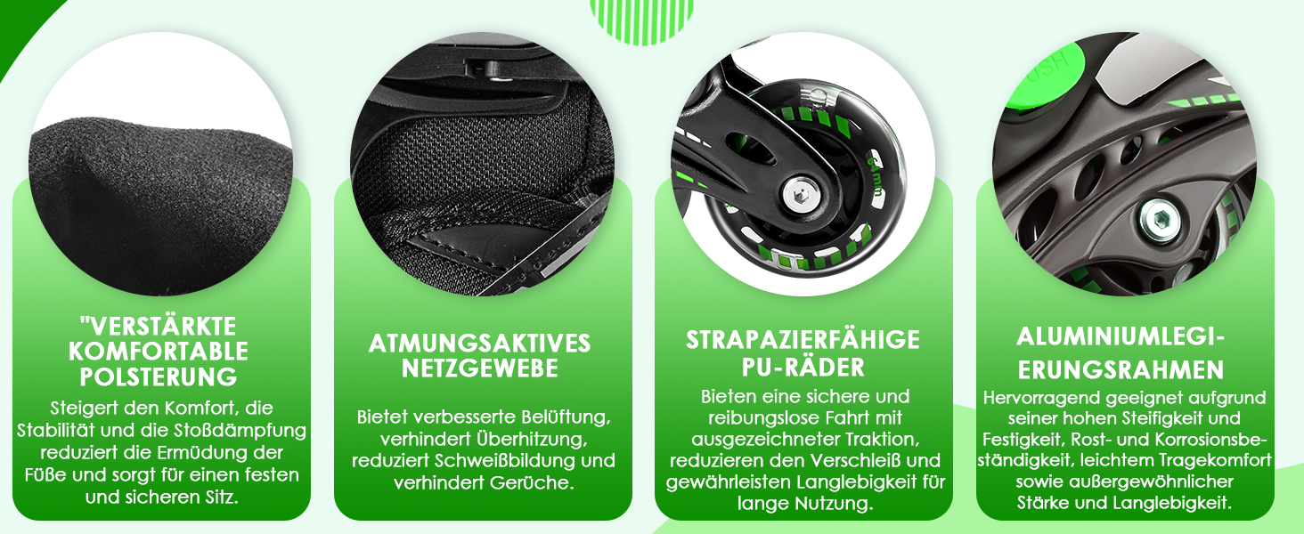 Роликові ковзани Hozzen для дітей, регульовані, ролики для дівчаток та хлопчиків, ролики з колесами, що світяться в темряві, ролики для використання в приміщенні та на вулиці, чорно-зелені