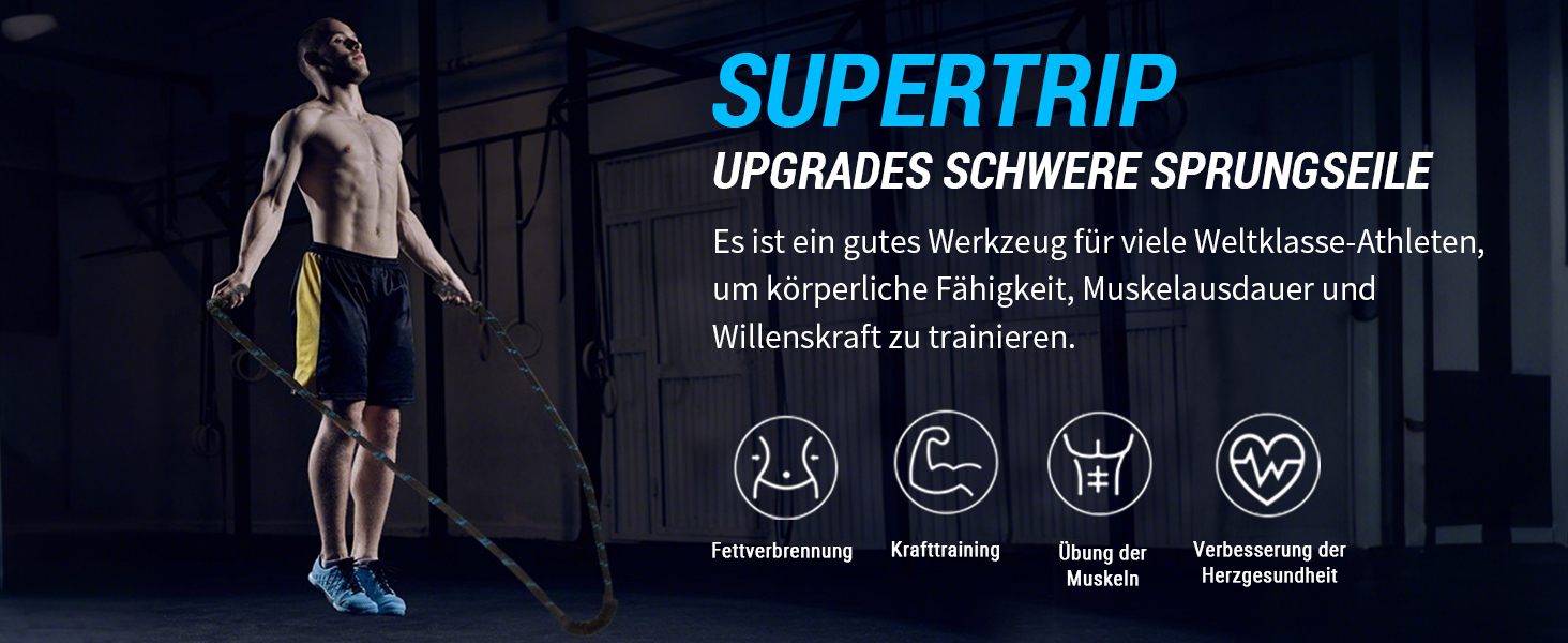 Стрибкове канат Supertrip Upgrade з вагою для дорослих, фітнес, 2-ге покоління, поворотні ручки на 360°, важке канат для тренування всього тіла, вага 1.45-1.54 кг, довжина 2.97 м