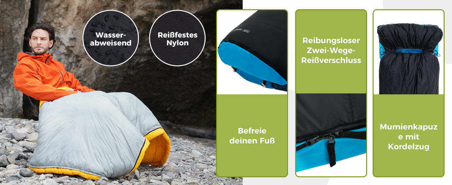 Спальний мішок ATEPA Ultraleicht Daunenschlafsack: Легкий, компактний, 3-сезонний (12°C/6°C/-1°C), водонепроникний, для кемпінгу, походів, трекінгу та рюкзакових подорожей, з компресійним мішком ThermaCore, чорний