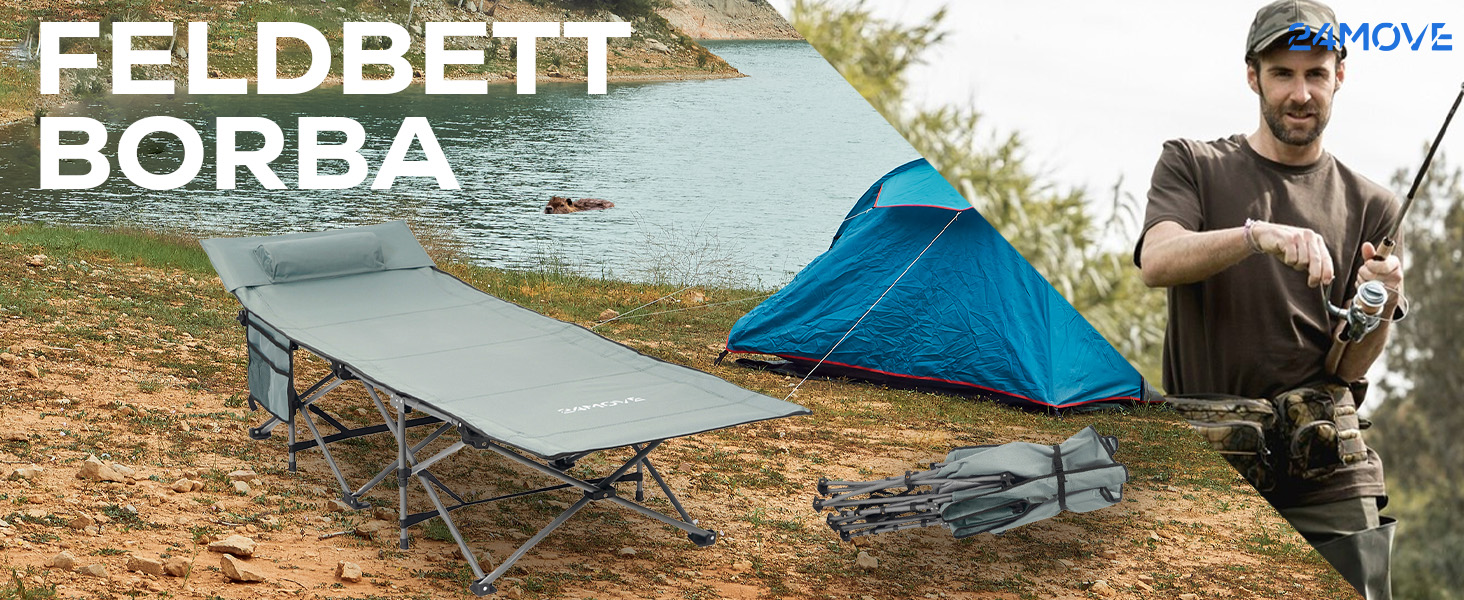 Розкладне ліжко-диван 24MOVE® для кемпінгу та відпочинку на природі, сіре, 190 x 67 x 34 см, до 150 кг