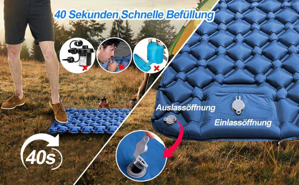 Isomatte HVIERO Саморозкладається, надувна, для кемпінгу, рюкзак, подорожі, туризм. Легка, компактна, блакитна.