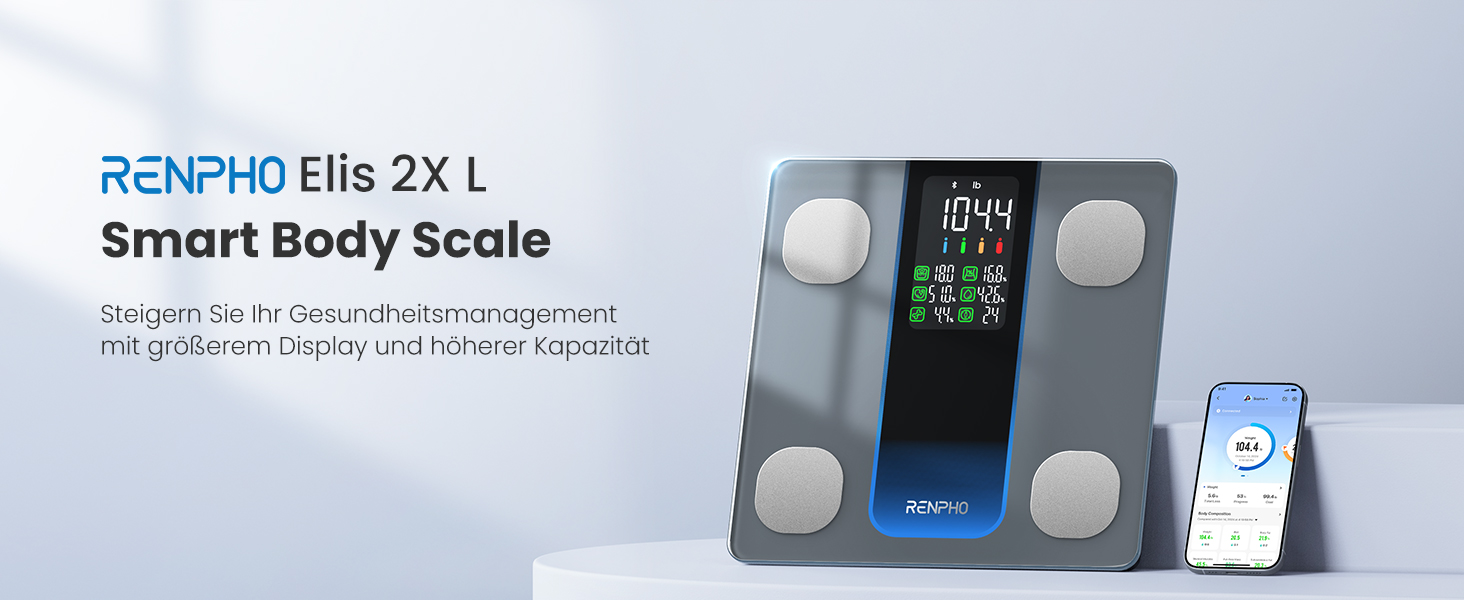 RENPHO Ваги для тіла з аналізатором складу тіла (7 в 1), Bluetooth, до 227 кг, чорні - Smart Scale Elis 300mm