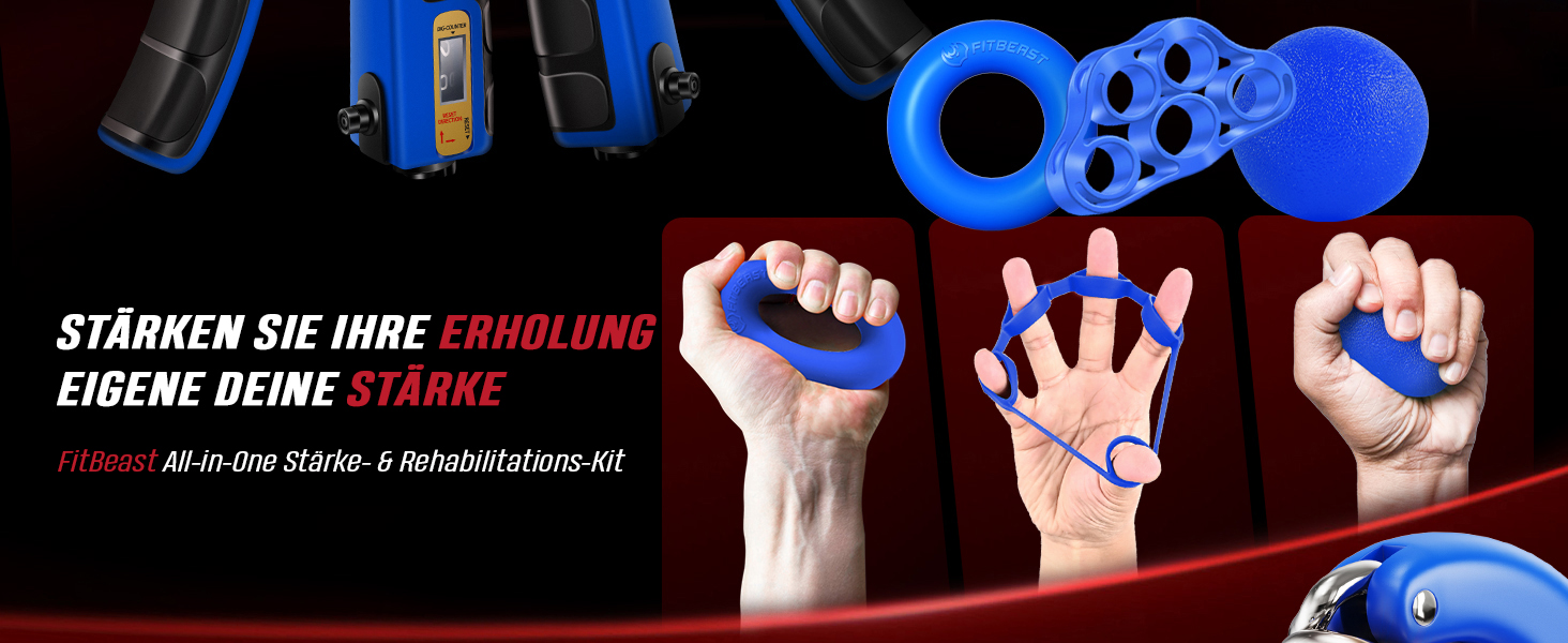 FitBeast Набір для тренування рук (5 шт.): підручник для підручників, фінгердехнер, м'яч для хвата та м'яч для зняття стресу, темно-синій