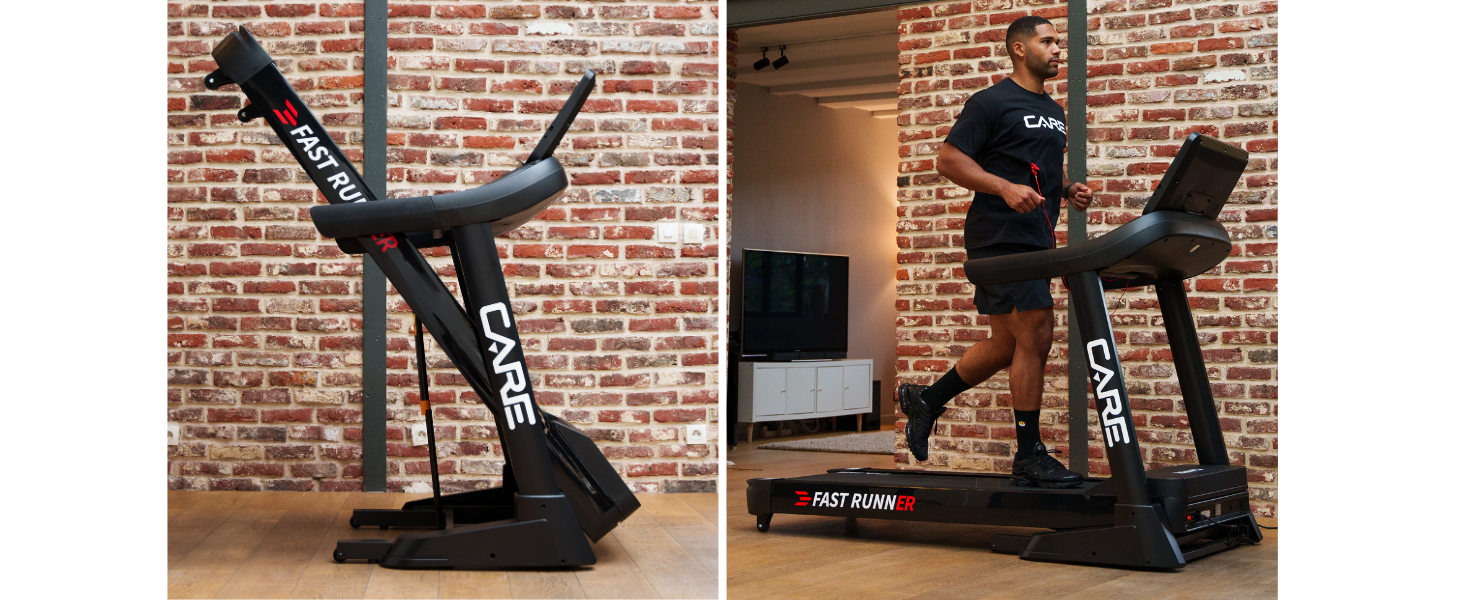 CARE FITNESS Fast Runner SP: Електричний біговий тренажер з регулюванням нахилу та складний - до 22 км/год, 20 рівнів нахилу, 57 програм, Kinomap